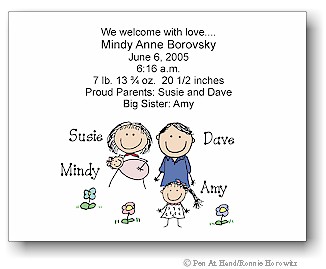 Pen At Hand Stick Figures Birth Announcements - Family #1 (color)